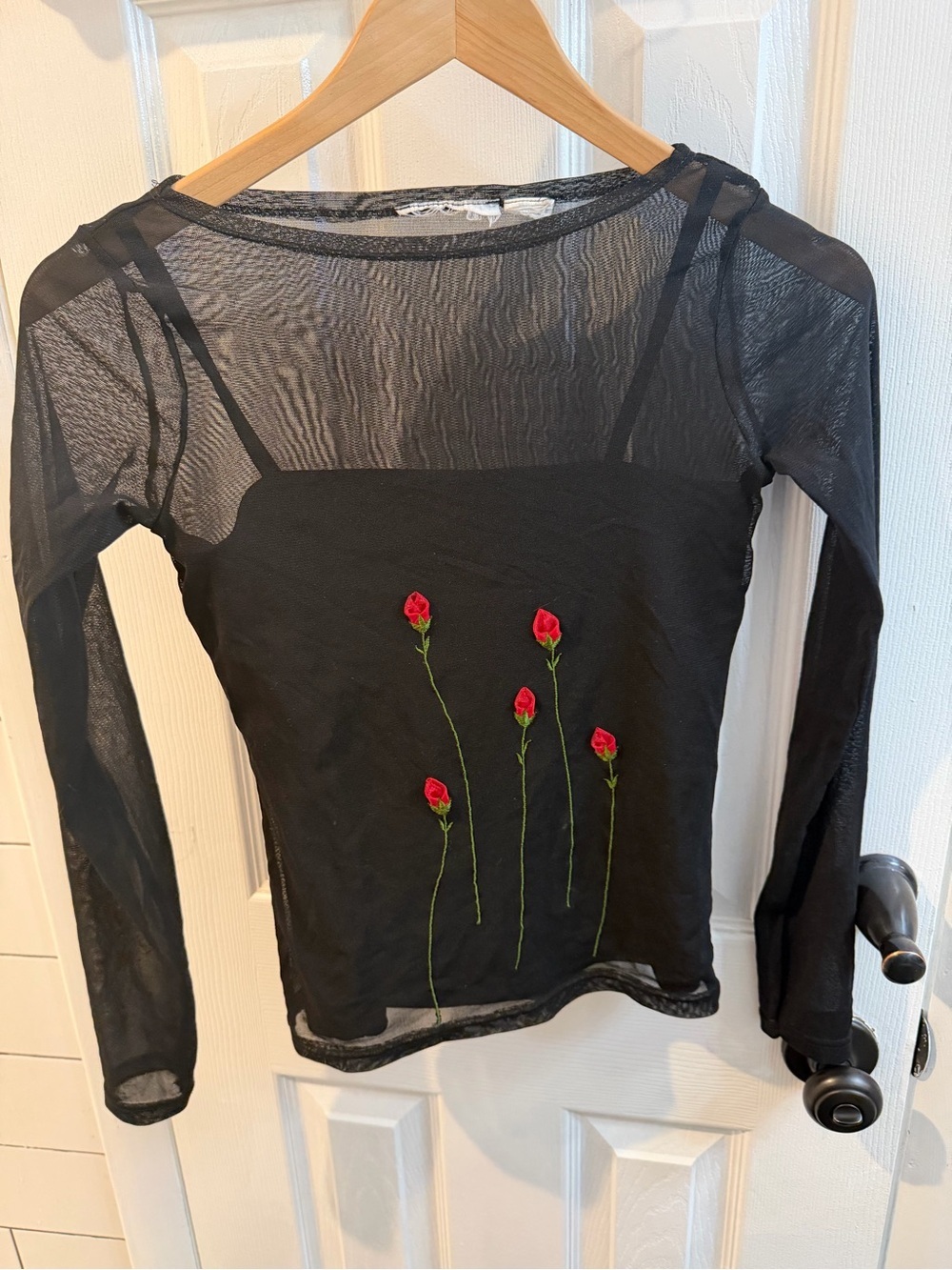 Black Mesh Long-Sleeve Top with Red Rose Embroidery and solid layered tank, XS